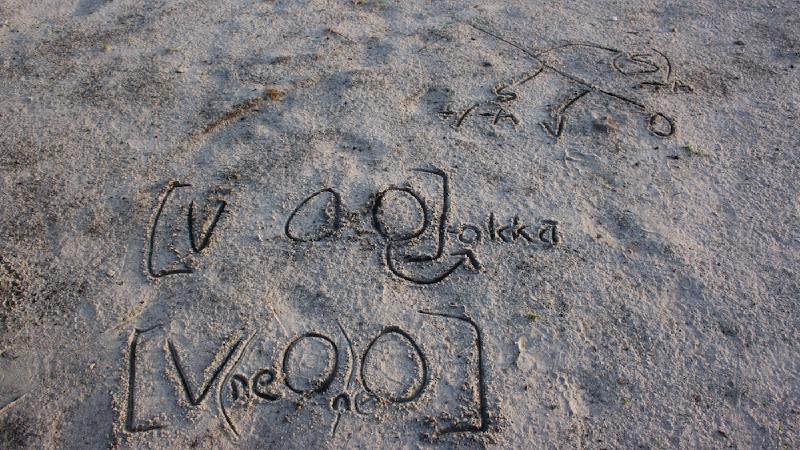 Linguistic symbols written in the sand.