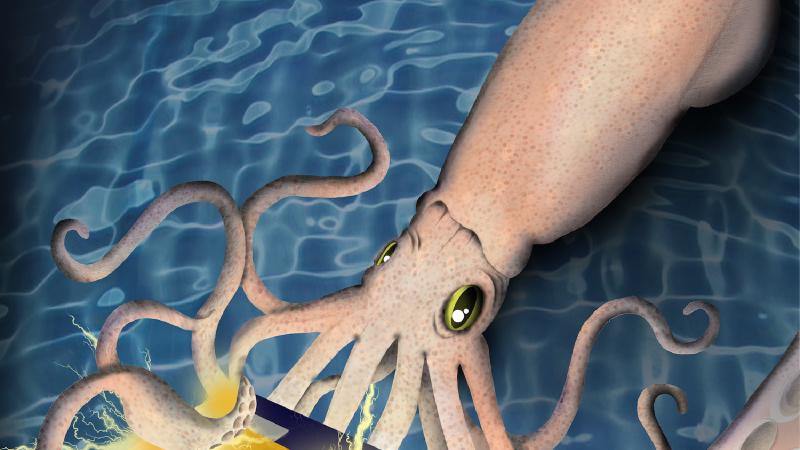 Illustration of squid interacting with electronics.