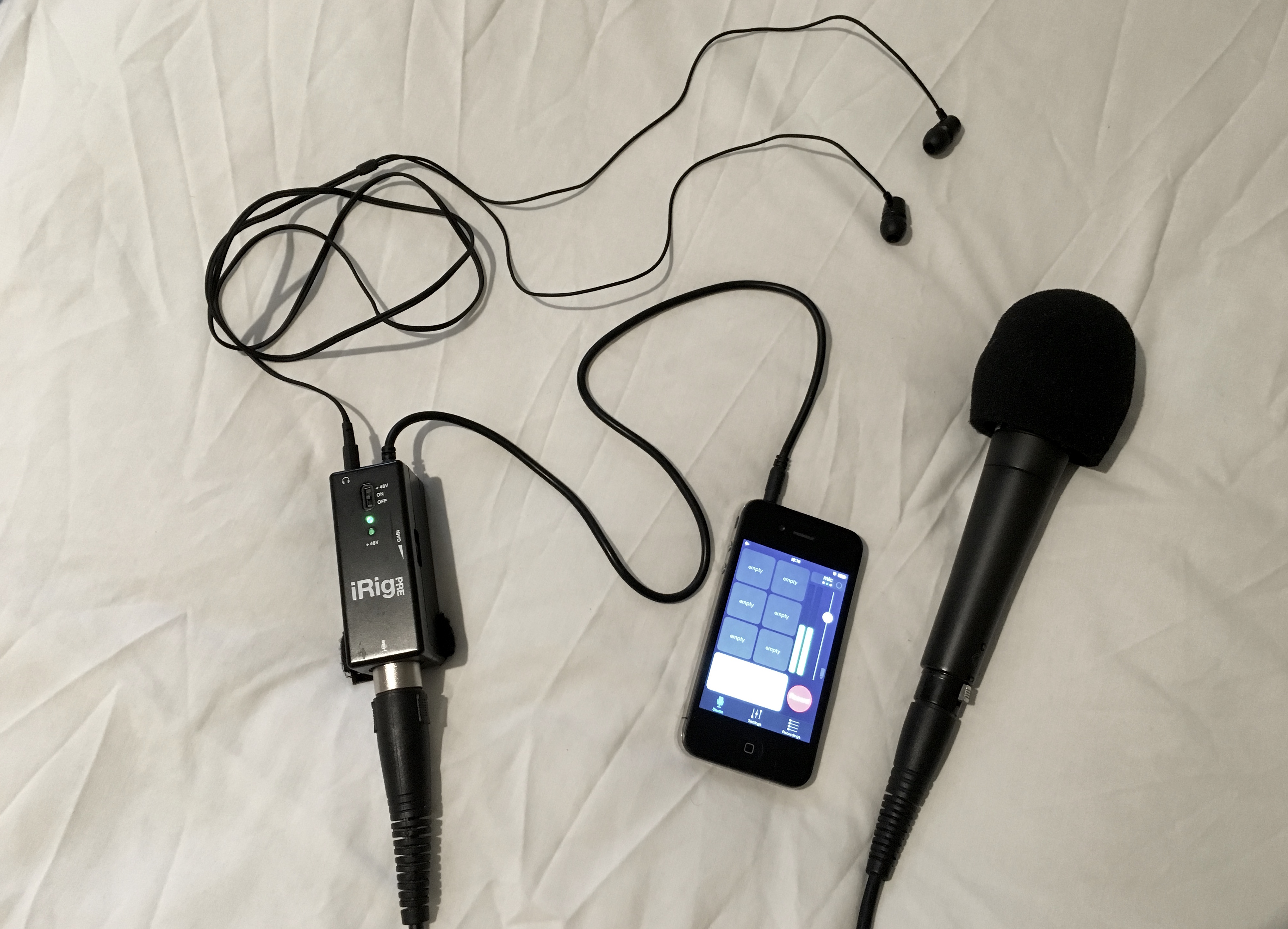 My portable recording setup: iPhone 4 + Bossjock Studio + iRigPre + Shure SM58
