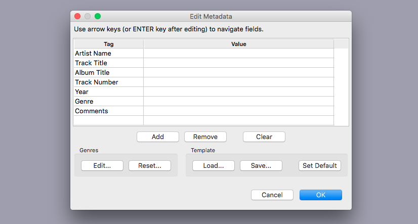 Metadata entry dialog in Audacity.